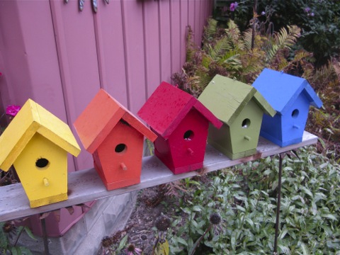 Primary colored bird houses