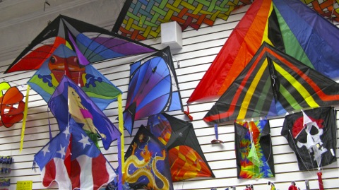 Kites hanging on the wall at Mackinaw Kites in Grand Haven, Michigan