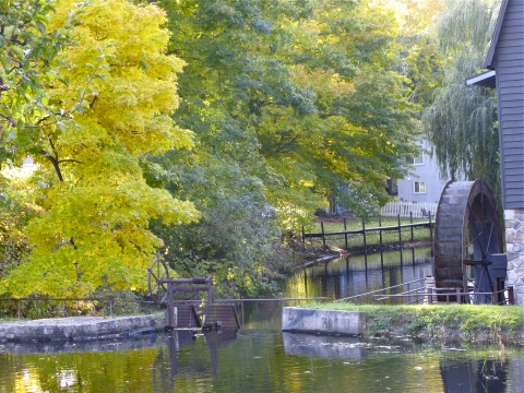 Mill pond with water wheel and fall turning trees