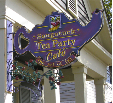 Sign in front of the Saugatuck Tea Party Cafe in Saugatuck, Michigan