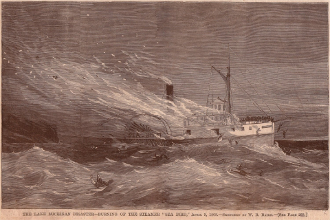 Woodcut of the Seabird on fire from Harper's Illustrated Weekly