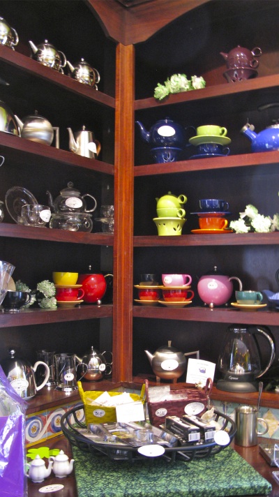 Teapots for sale in the Saugatuck Tea Party Cafe in Saugatuck, Michigan