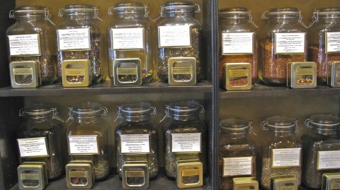 Glass jars containing tea in the Saugatuck Tea Party Cafe in Saugatuck, Michigan