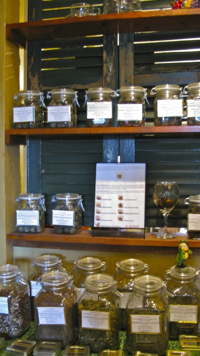 Jars of tea in the Saugatuck Tea Party Cafe in Saugatuck, Michigan