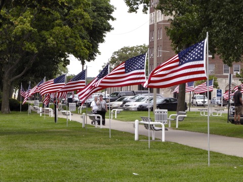 American Flags along a park in downtown St Joseph, MI