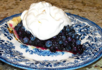 A plate of blueberry pie with whipped cream on top