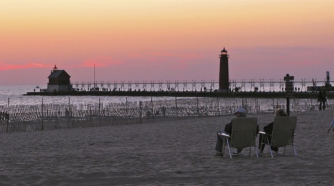 Sunset by the pier in Grand Haven, Michigan