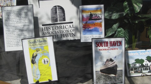 Posters in window at the Historical Association of South Haven, Michigan