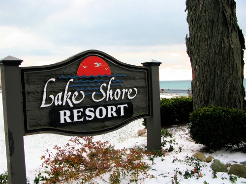 Lake Shore Resort sign in winter - Saugatuck, Michigan