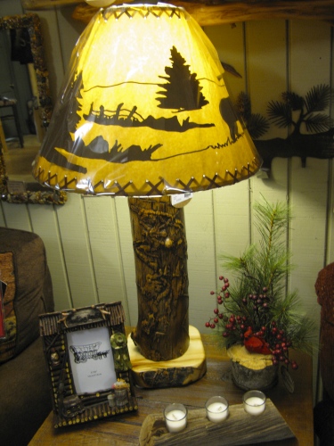 Interior of Northern Rustics with carved wooden lamp - Holland, Michigan