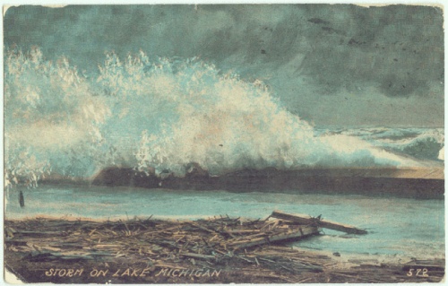postcard depicting a lake michigan storm