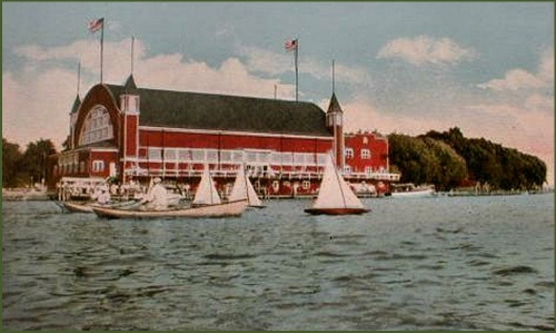 Big Pavilion - Color postcard view from water - model sailboats - Saugatuck, Michigan