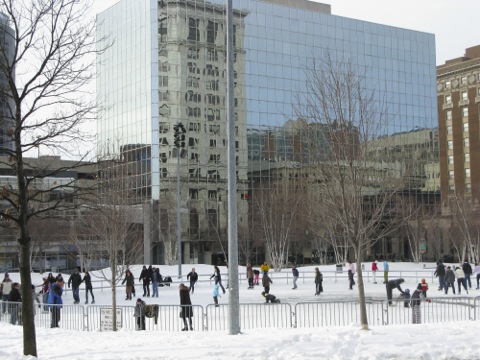 Skaters on the ice rink in downtown Grand Rapids, Michigan
