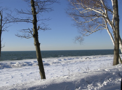 A sunny day in winter along the Lake Michigan shoreline - Douglas, Michigan