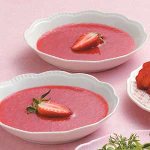 Strawberry Champagne Soup in white bowls