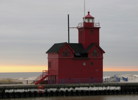 Big Red Lighthouse in winter at dusk - Holland, Michigan