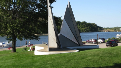 View of the sail sculpture on the Grand River at Grand Haven, Michigan