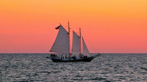 Two masted sailboat on Lake Michigan at Sunset