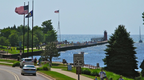 View of the pier with lighthouse at South Haven, Michigan