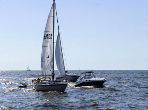 Sailboats and power boats off South Haven, Michigan